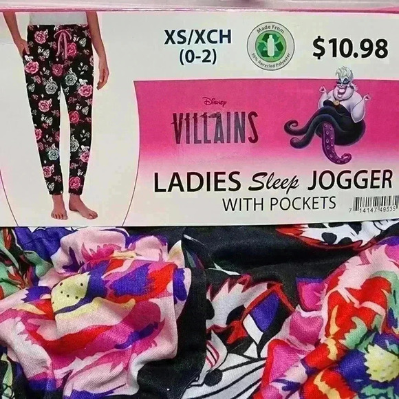 Disney Villains Womens Sleep Jogger with Pockets Super Soft & Comfy Black Floral - Picture 7 of 10